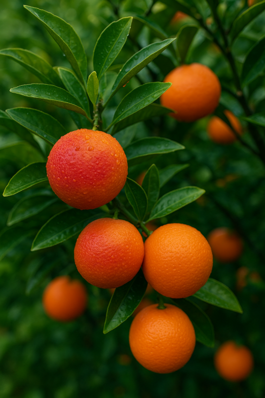 Close-up of ripe orange and red citrus fruits growing on a tree with dark green leaves, some fruit covered in water droplets.