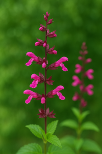 A close-up of a magenta Salvia 'Lake Garda' flower spike in a 4" pot with green leaves, set against the broad foliage of Hosta 'Hi-Class' and a blurred green background. Another flower spike appears in the distance.