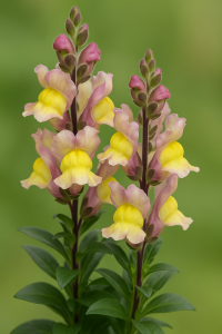 Two Antirrhinum 'Snap In Black Apricot' Snapdragon plants with yellow and pink blooms in 6" pots stand against a blurred green background.
