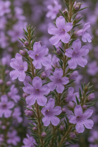 Close-up of Prostanthera 'Spiked Mint Bush' flowers with small, light purple petals clustered on green stems, shown in a 3" Pot against a blurred backdrop of similar blooms.