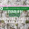 White cherry blossoms with text overlay announcing a Weeping Cherries Sale and live shopping event with a growers direct flash sale from 12 PM to 2 PM.