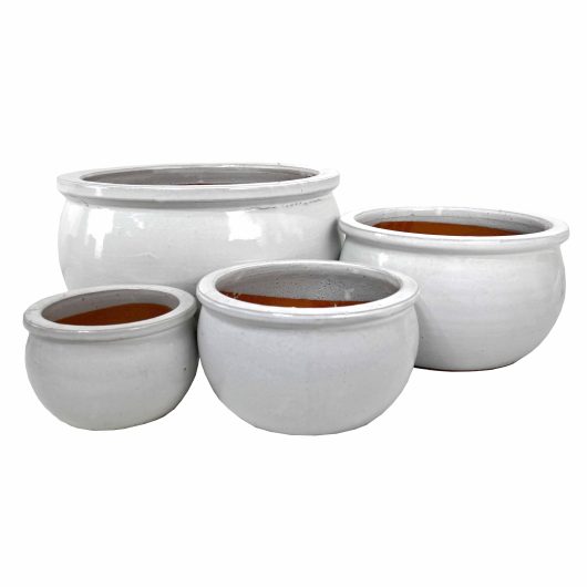 Four ceramic pots of different sizes, including a Glazed Flat-Rim Bowl in moss green (20x12cm), are displayed together on a plain white background.