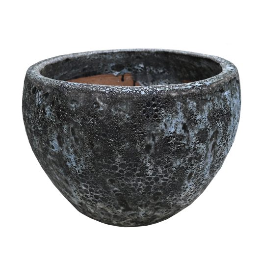 A round, textured, dark gray planter with a mottled surface and a wide opening, photographed against a white background.