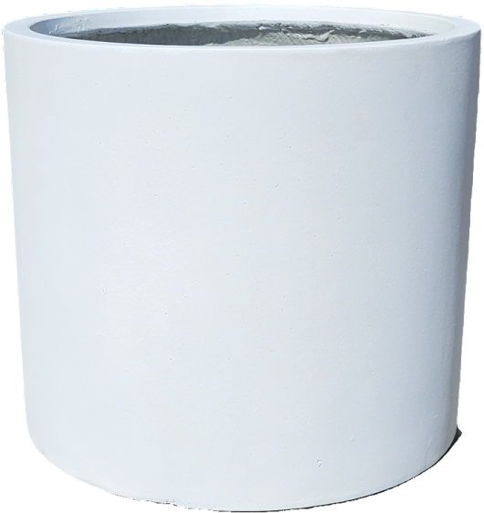 A large, plain white cylindrical planter or container with a smooth surface and an open top.