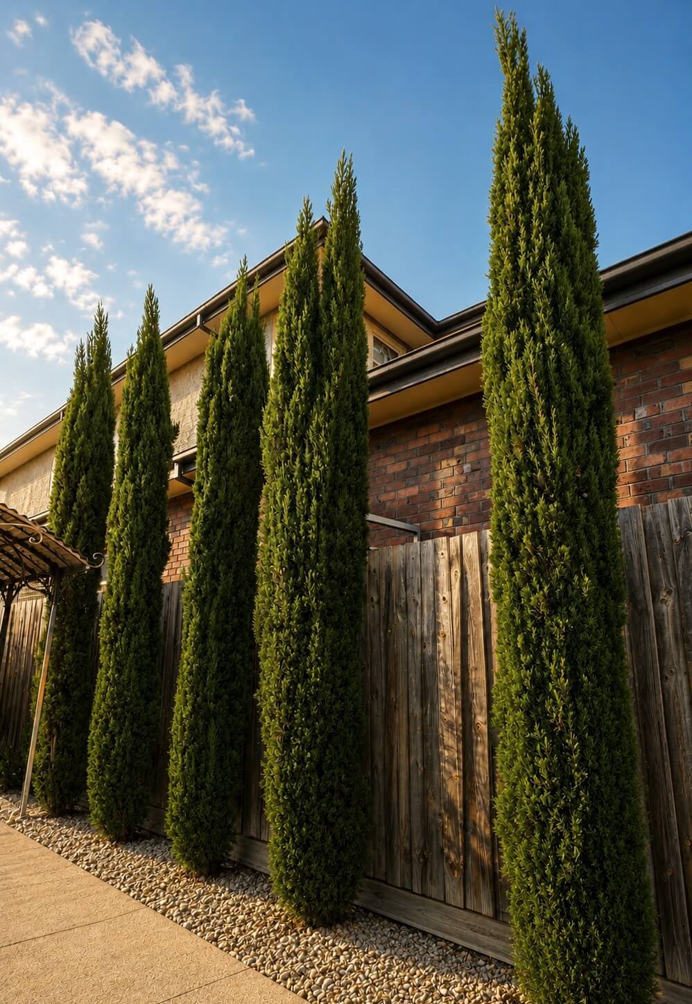 Acacia 'Waterfall™' Standard trees in 8" pots are lined up along a wooden fence beside a brick building, beneath a blue sky with scattered clouds.