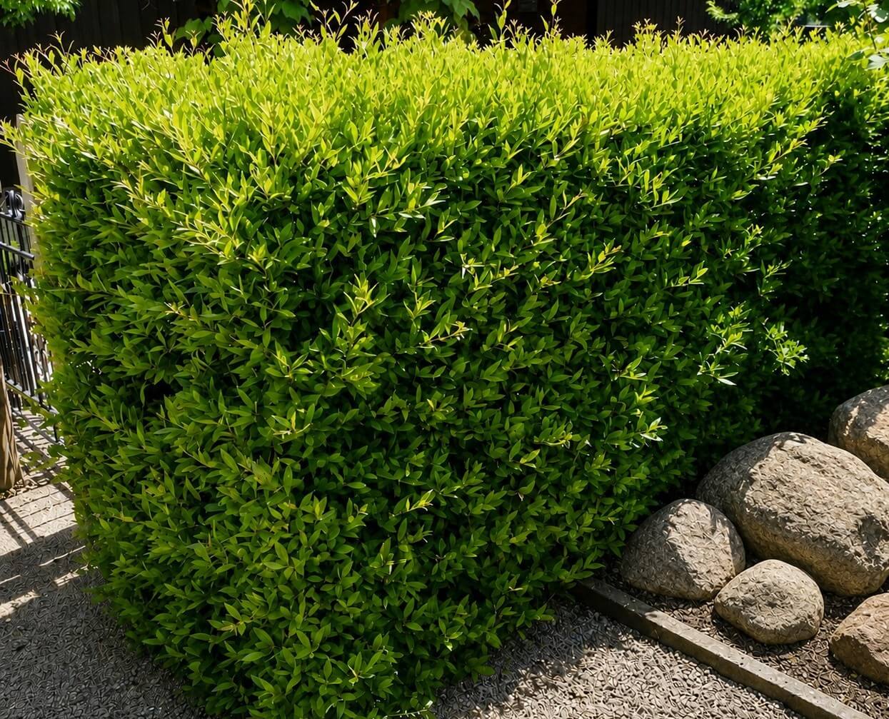 A neatly trimmed green hedge borders a gravel path, with several large rocks arranged along the edge.