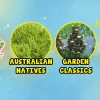 Banner for "Tutu Many Plants Event" showcasing Garden Classics, Australian Natives, and Plant Bargains, with an "Add to Basket" button on a blue background.