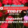A man in a pink tutu stands excitedly against a floral background with sale details: "Live Shopping Event: Indian Summers Today 12PM-2PM, Expanded Growers Direct Flash Sale.