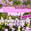 Text graphic over a field of purple flowers highlights a special Flash Sale for the "Growers Direct" live shopping event, happening today from 12pm-2pm.