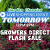 Text over a garden scene announces a Garden Classics live shopping event and exclusive sale tomorrow from 12PM-2PM.