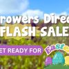 Text reads "Growers Direct FLASH SALE" with a "Get Ready for Easter" banner below, featuring colorful Easter eggs. A vibrant plant nursery forms the blurred outdoor scene in the background, adding a touch of spring charm.