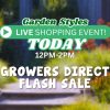 Text overlay promoting a Garden Styles Live Shopping Event: Indian Summers and Growers Direct flash sale, happening today from 12 PM to 2 PM, set against a blurred garden background.