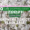 White cherry blossoms with text overlay announcing a Weeping Cherries Sale and live shopping event with a growers direct flash sale from 12 PM to 2 PM.